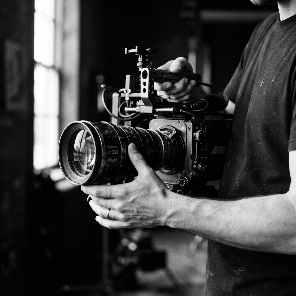 Hands holding a cinema camera rig